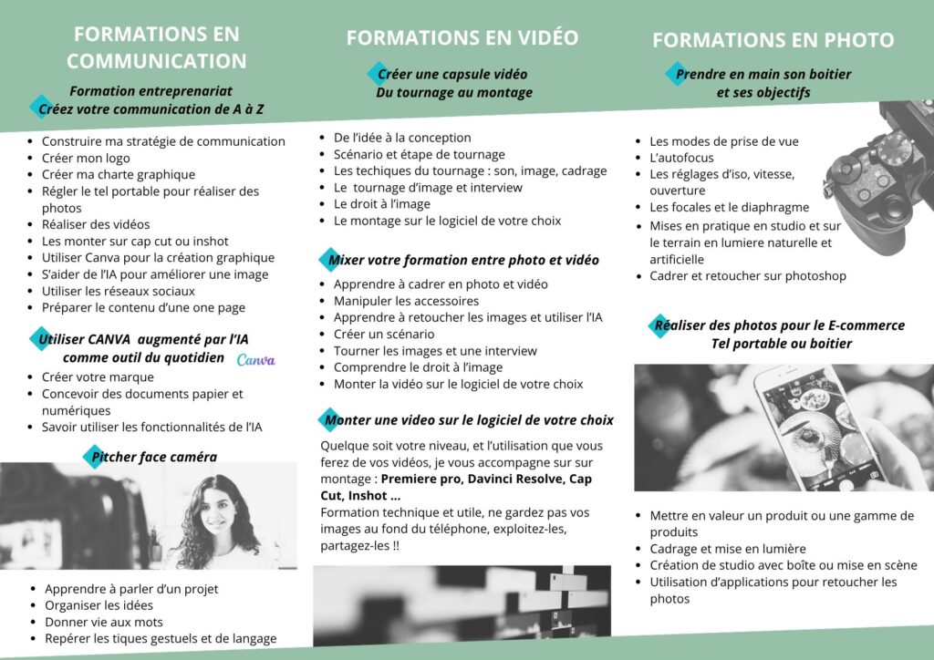 Flyer de formations professionnelles en communication, vidéo et photo graphisme